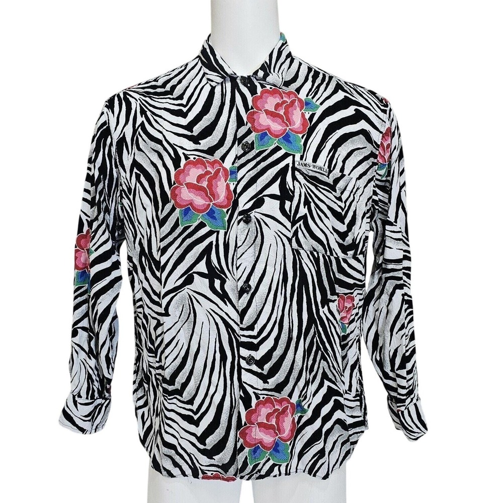 Jams World Vintage Zebra Floral Rose Print Button‎ Down Shirt XL Hawaii Rayon